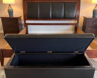 Kincaid Bedroom Suite: King Upholstered Sleigh Bed, Dresser and 2 Nightstands, Tufted Storage Bench, Area Rug, Ashley Niobe Ceramic Table Lamp pair