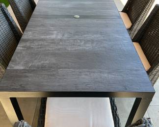 All Weather Wicker Patio Table w 6 Chairs and Seat Cushions