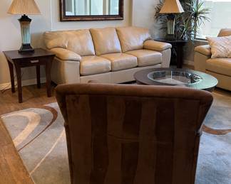 La-Z-Boy Leather Sofa and Loveseat, Kincaid End Tables and Coffee Table, Table Lamps, La-Z-Boy Upholstered Chair, Area Rug (MIRROR NOT FOR SALE)