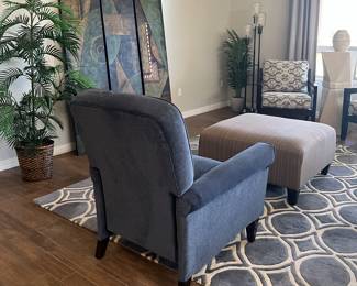La-Z-Boy Recliner, Silk Plants Uttermost 3-Panel Art, Ottoman, Pacific Coast Menlo 70" 3-Light Floor Lamp. Silk Trees