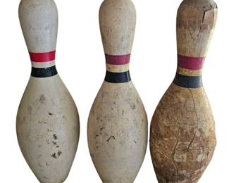 3 Vintage Bowling Pin Hard Rock Maple Wood Red Black Stripes Vulcan?