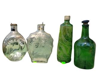 Lot of 4 Vintage Glass Bottles Green Swirl Tree