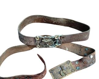 2 Vintage Belts Buckles Western Bucking Bronco Stagecoach Leather Tooled