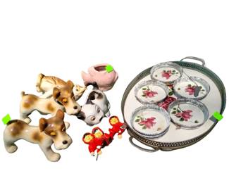 Vintage Ceramic Dog Animal LOT Made in Japan Occupied & Coasters Tray Set