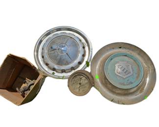 1957 Chevy & Early Logo Buick Hubcaps Vintage Ashcroft Oil Pressure Gauge FW Supply Co