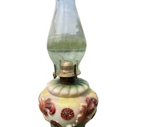 Vintage Antique Oil Lamp EAPG Milk Glass Embossed Hand Painted