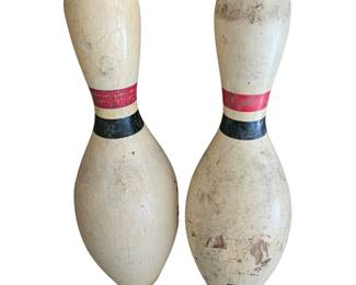 Pair Vintage Bowling Pin Hard Rock Maple Wood Red Black Stripes Vulcan?