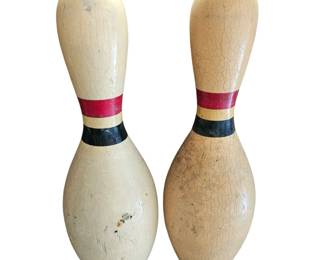 Pair Vintage Bowling Pin Hard Rock Maple Wood Red Black Stripes Vulcan?