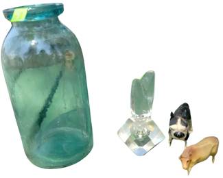 Vintage Blue Jar Crystal Perfume Bottle Celluloid Dog Cow