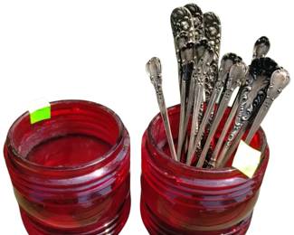 Antique Sterling Spoons & Red Fresnels Shrimp Forks Kirk Repousse Floral PAT 1893 LOT