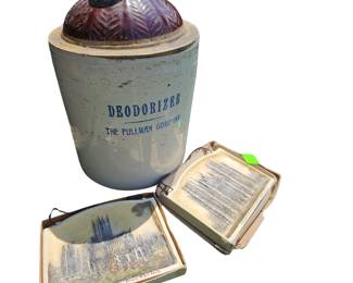 Antique Pullman Company Deodorizer Stoneware Jug Cracked with Wells Cathedral Art