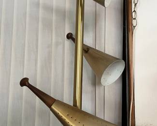 Mid century modern brass and wood telescope pole light with cone shades