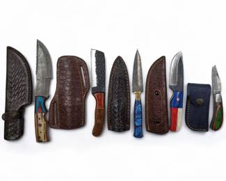5Pc Hand Made Damascus Steel Knives And Sheaths