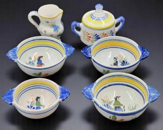 QUIMPER Faience Henriot Hand Painted French Kitchen Serveware Pottery Set, 6 Pieces