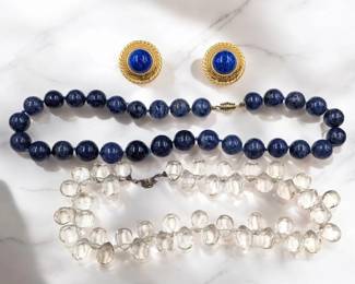Lot Of 2 Beaded Necklaces And A Pair Of Blanca Earrings, Lapis Lazuli Or Sodalite And Quartz