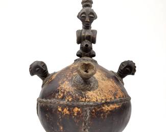 African Zaire Luba Tribe Carved Ceremonial Gourd Pipe
