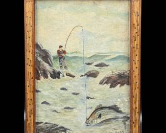 Vintage Signed Jo Lindberg Oil On Board Fishing Painting