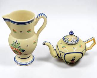 Pair Of QUIMPER Faience Signed "HB" Hand Painted French Pottery Teapots