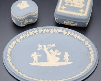 Blue & White English WEDGWOOD Plate + Pair Of Containers