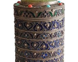 Antique Enamel On Silver Chinese Tea Caddy With Carved Jade Plaque