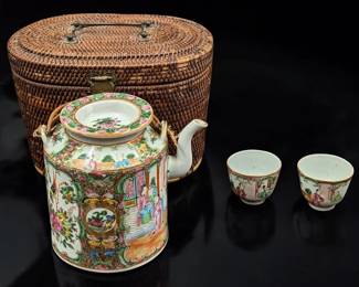 An Early Chinese Rose Medallion Tea Set With Basket