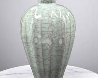 Chinese Ru Kiln Celadon Glaze Ceramic Vase With Metal Rim And Calligraphy