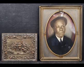 A Pair Of Antique Artworks: Hammered Copper Spanish Conquistadors & Portrait Drawing