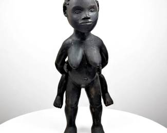 Large African Carved Wood Maternity Figure, Depicting A Mother Carrying Her Child