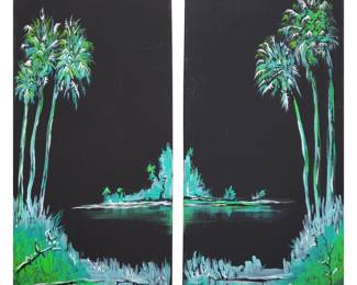 A Pair Of Acrylic On Canvas Landscape Paintings By Florida Artist Signed "M. Wrenn"