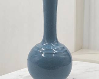 Chinese Long-Necked Cyan Glazed Ceramic Vase With Ice Pattern Crackle And Calligraphy