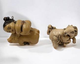 Pair Of Early Japanese Finely Carved Figures, One Signed