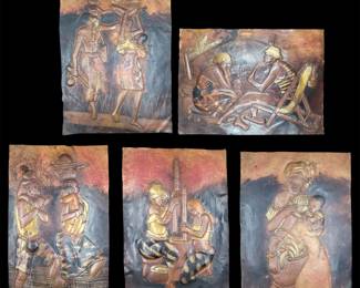 5Pc S.K. Bukasa Copper Vintage African Relief Sculptures