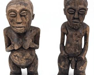 Pair Of African Hemba Fertility Couple Carved Wood Figures, Male And Female