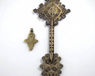 An Old Brass Ethiopian Coptic Hand Cross And Pendant