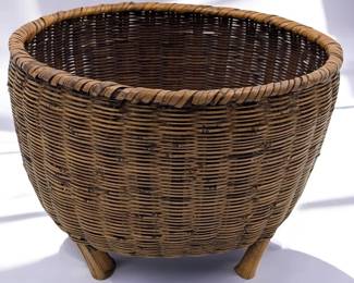 Large Antique Japanese Woven Bamboo Four-Legged Basket, Likely Used For Storage