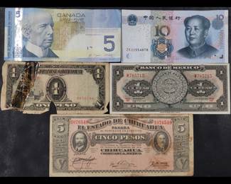 Lot Of Assorted Currency Including (3) Pesos, (1) Chinese Yuan, (1) Canadian Dollar