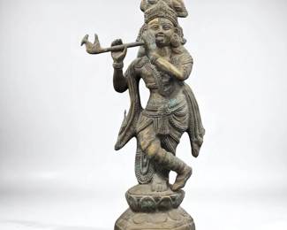 Large Indian Brass Sculpture Of The Hindu God Lord Krishna Playing A Flute