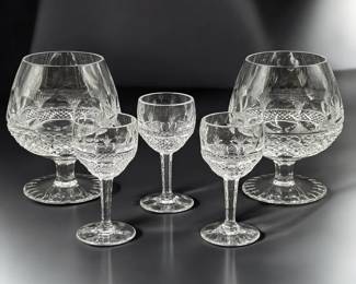 Lot Of 5 Beautiful Crystal Glasses, Two Brandy Glasses And Three Cordial Glasses, Unmarked