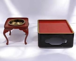 Lot Of 3 Japanese Red And Black Lacquered Serving Tray Tables, One With Removable Bowl