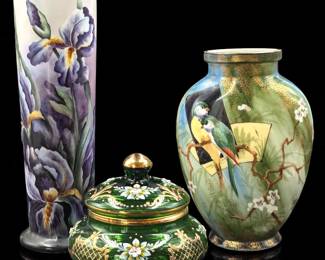 Pair Of Hand Painted Porcelain Vases And A Hand Painted / Gilt Green Glass Powder Jar