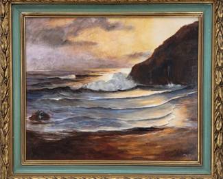 A Seascape Sunset Oil On Board Painting Signed "M. Hughes"