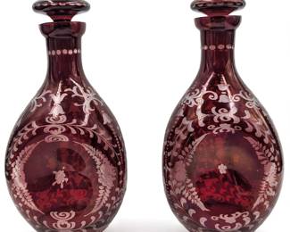 Pair Of Beautiful Vintage Cranberry Pinched Glass Decanters With Toppers