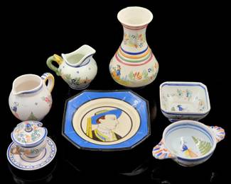 QUIMPER Faience Hand Painted French Pottery Set, 7 Pieces