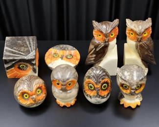Italian Alabaster Carved Paperweight Owl Sculptures, 8 Pieces