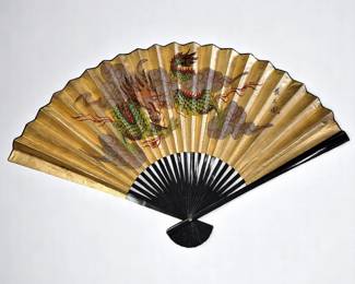 A Large Hand Painted Chinese Dragon Motif Fan W/ Signature