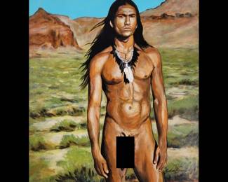 Acrylic On Canvas Native American Nude Portrait Painting Artist Signed "Gustavo Vargas"