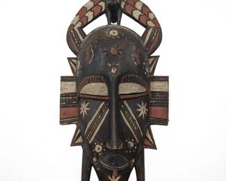 African Senufo White Face Tribal Wooden Mask With Carved Bird On Top