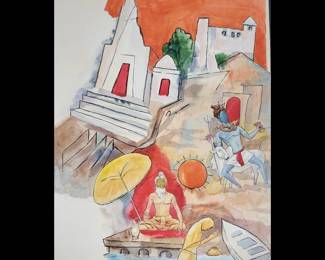 Maqbool Fida Husain Watercolor Painting Signed, Titled "Banaras Ghat", NO COA