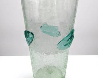 Vintage Blenko Hand Blown Crackle Glass Green Leaf Vase