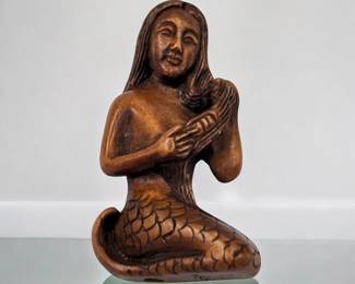 Early Signed Hand Carved Japanese Boxwood Netsuke Of A Mermaid Combing Her Hair